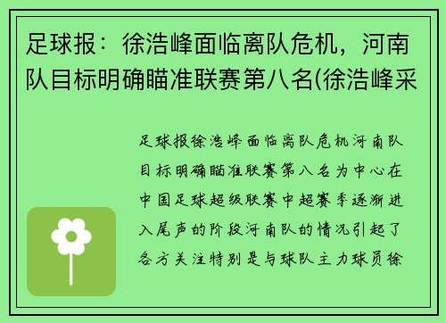 足球报：徐浩峰面临离队危机，河南队目标明确瞄准联赛第八名(徐浩峰采访视频)