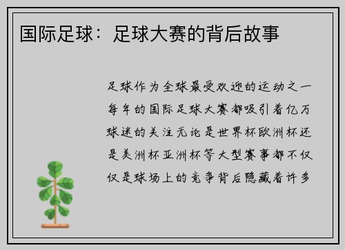 国际足球：足球大赛的背后故事