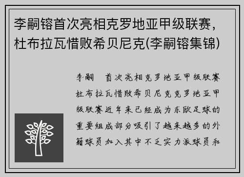 李嗣镕首次亮相克罗地亚甲级联赛，杜布拉瓦惜败希贝尼克(李嗣镕集锦)