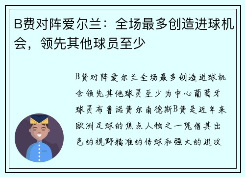 B费对阵爱尔兰：全场最多创造进球机会，领先其他球员至少