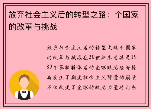放弃社会主义后的转型之路：个国家的改革与挑战