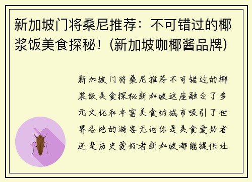 新加坡门将桑尼推荐：不可错过的椰浆饭美食探秘！(新加坡咖椰酱品牌)
